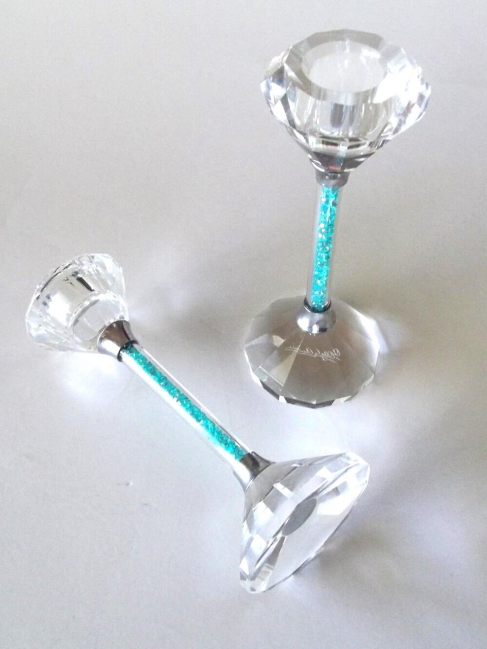 Vintage Oleg Cassini Turquoise Filled 6" Crystal Candlesticks